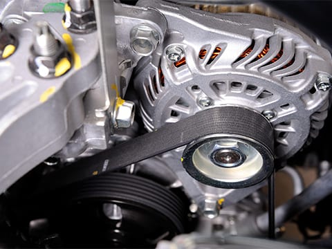 A serpentine belt wrapping around an alternator